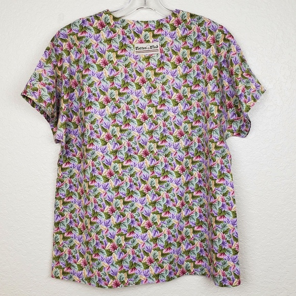 Cotton Club Scrub Top Multi-Color Leaf Pattern V-Neck 100% Cotton - Size Medium - Picture 2 of 5